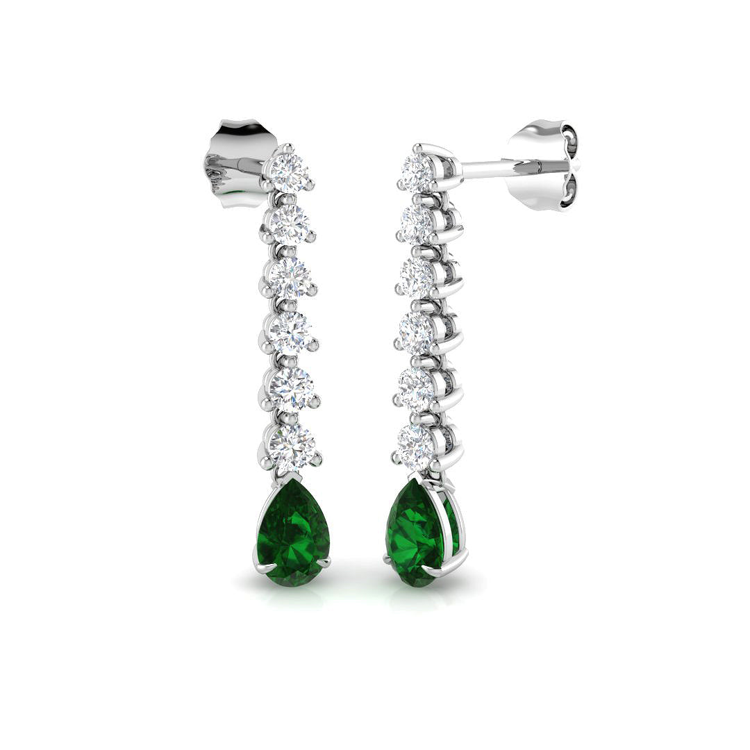 Pear Shape Emerald Drop Earrings with claw set emerald and prong set liner diamonds