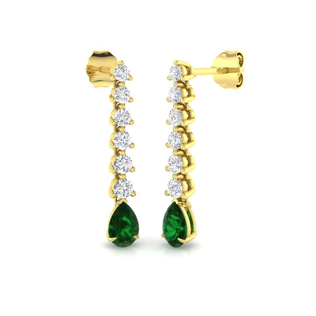 Emerald pear drop earrings featuring round prong set diamond accents