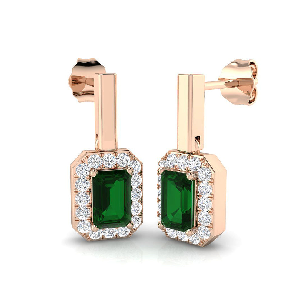 Green Emerald Halo Drop Earrings with Prong Set Emerald and Diamond Halo Rose Gold