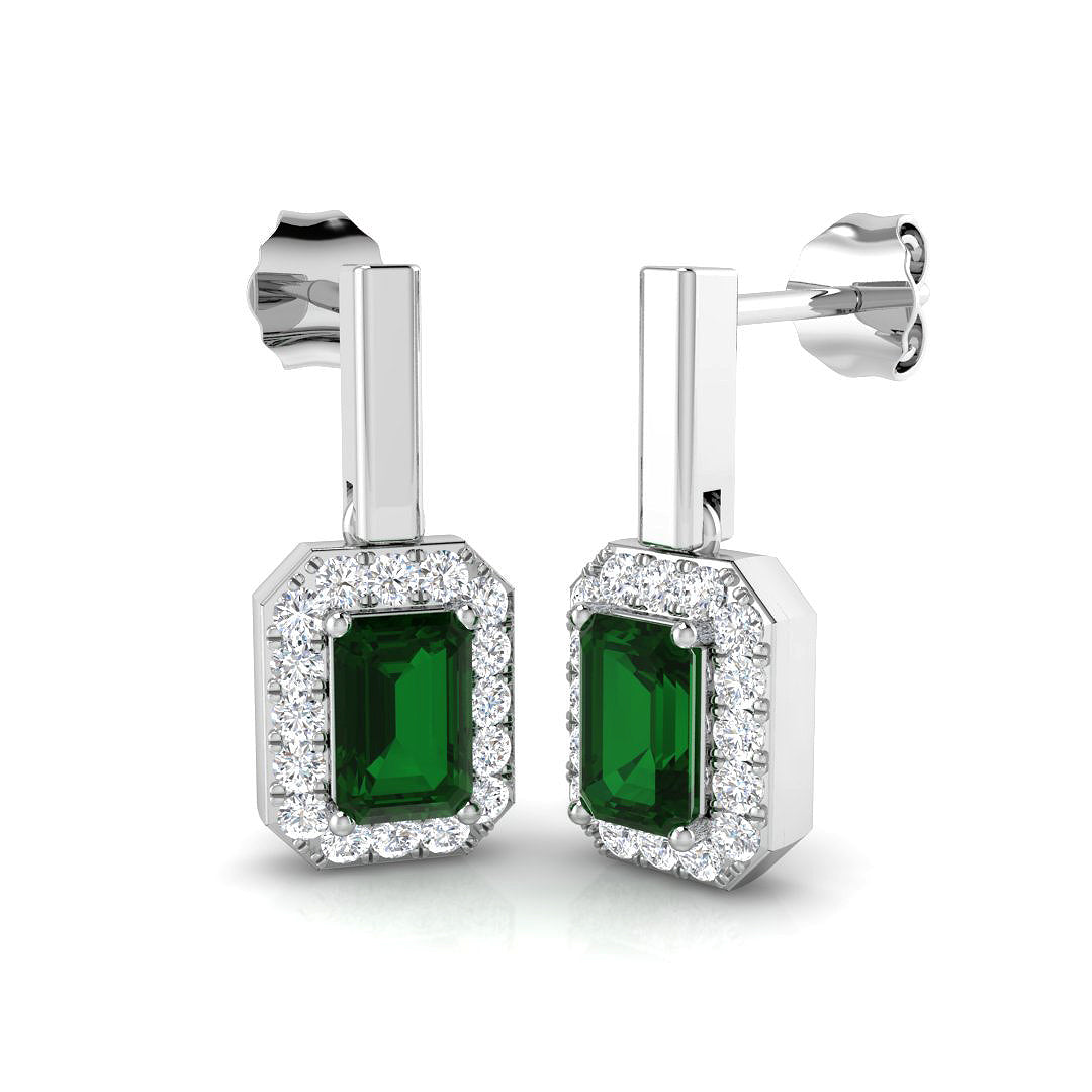 Green Emerald Halo Drop Earrings with Prong Set Emerald and Diamond Halo White Gold