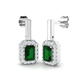 Green Emerald Halo Drop Earrings with Prong Set Emerald and Diamond Halo White Gold