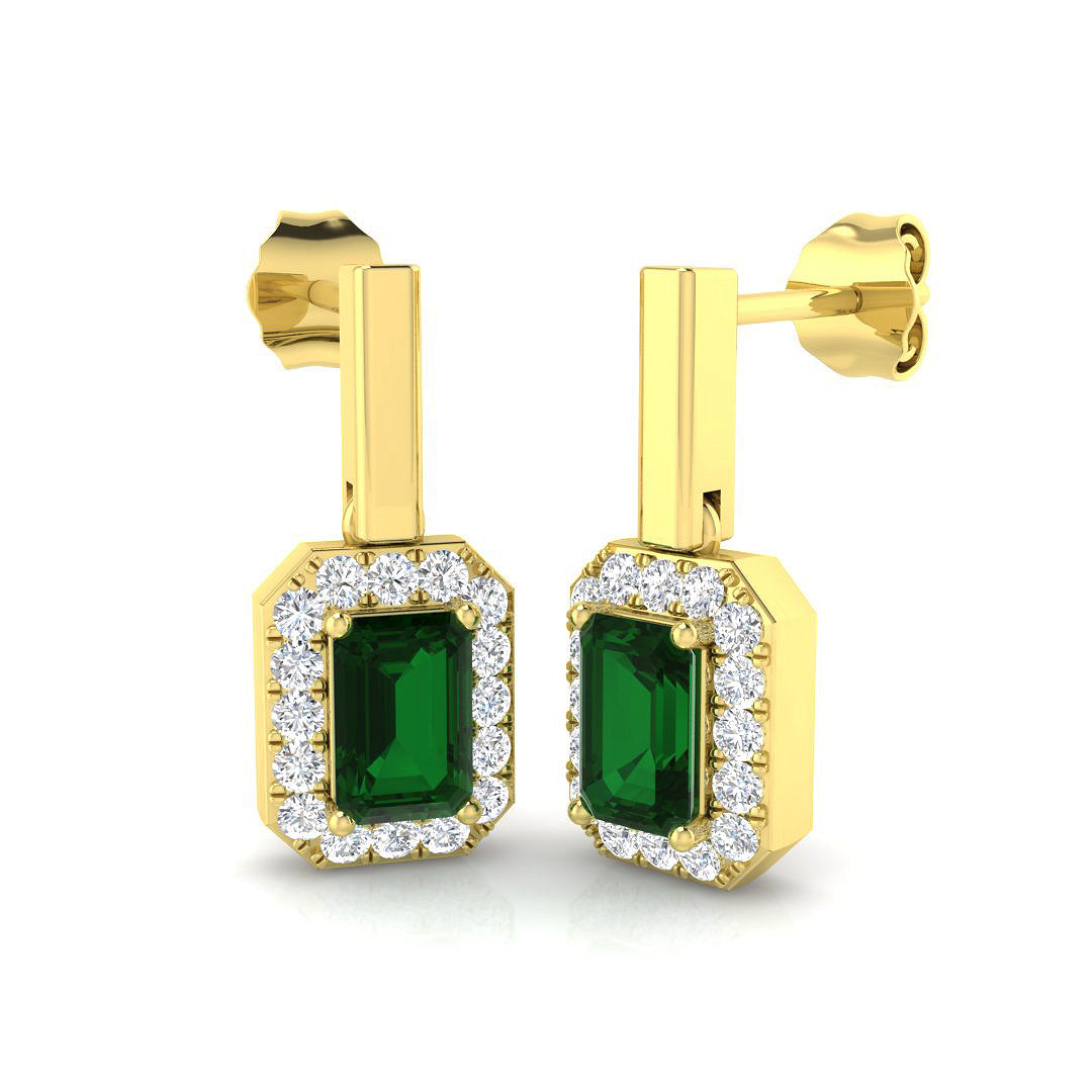 Green Emerald Halo Drop Earrings with Prong Set Emerald and Diamond Halo Yellow Gold