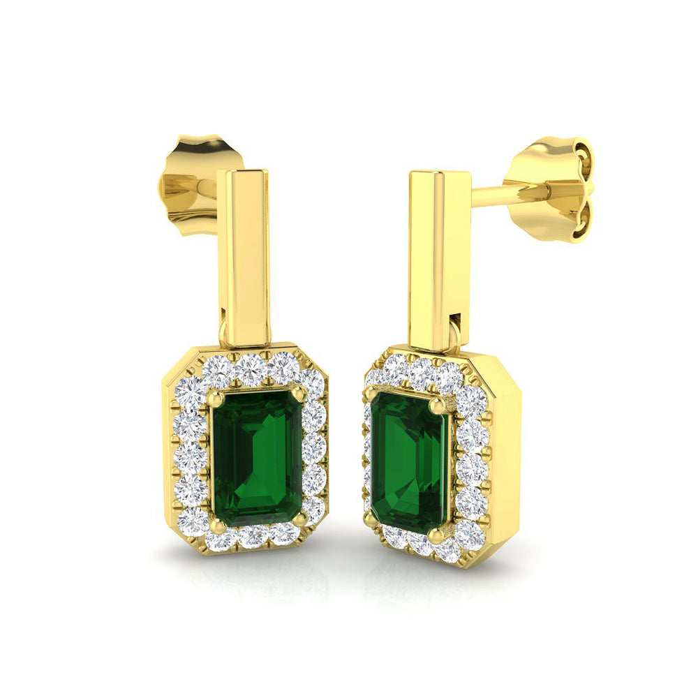 Green Emerald Halo Drop Earrings with Prong Set Emerald and Diamond Halo Yellow Gold