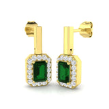 Green Emerald Halo Drop Earrings with Prong Set Emerald and Diamond Halo Yellow Gold