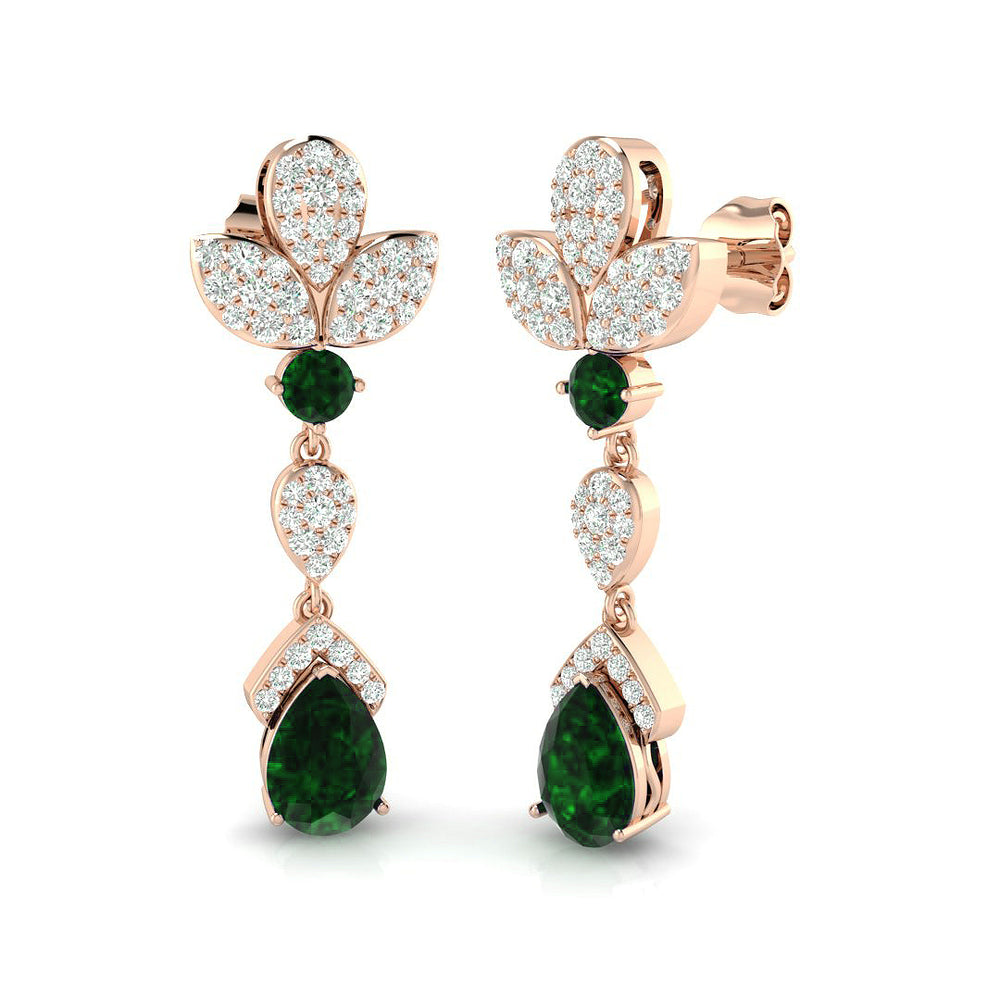 Rose gold teardrop emerald diamond drop earrings & emerald gemstones