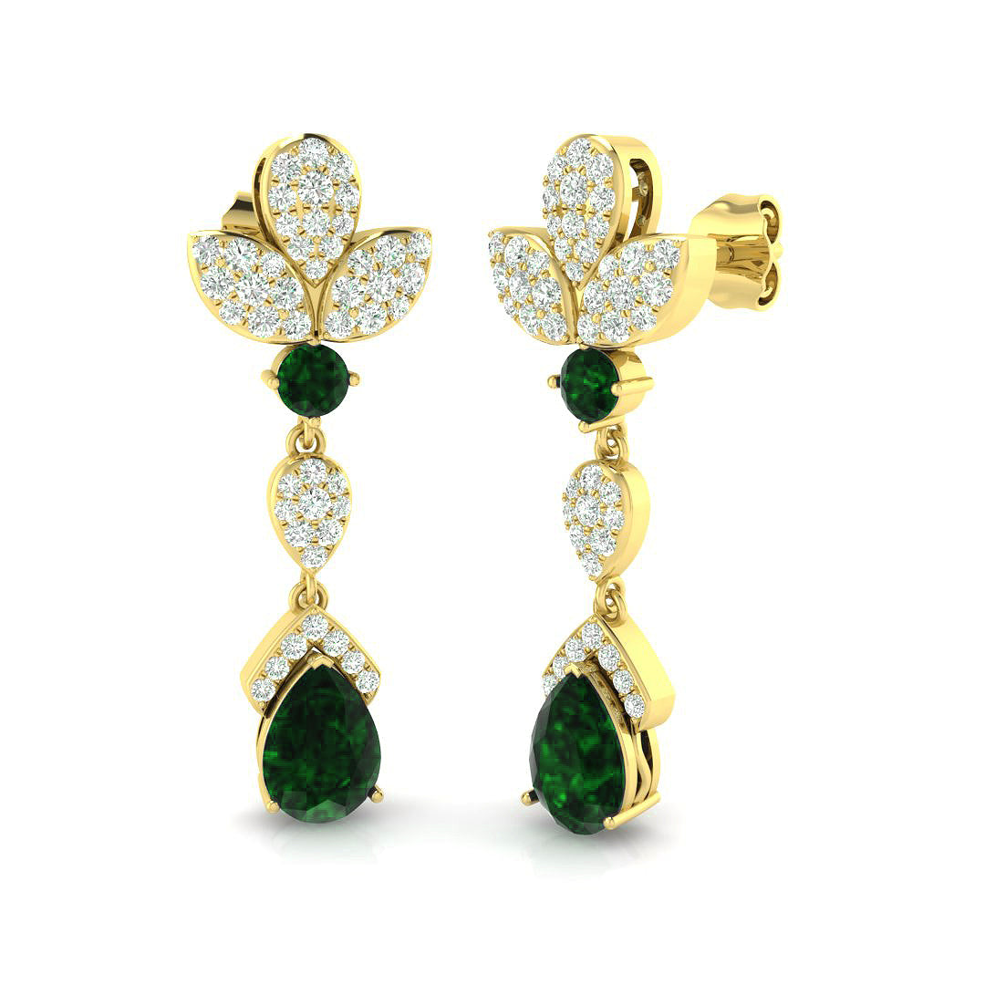 Gold teardrop emerald diamond drop earrings with floral pave diamond design