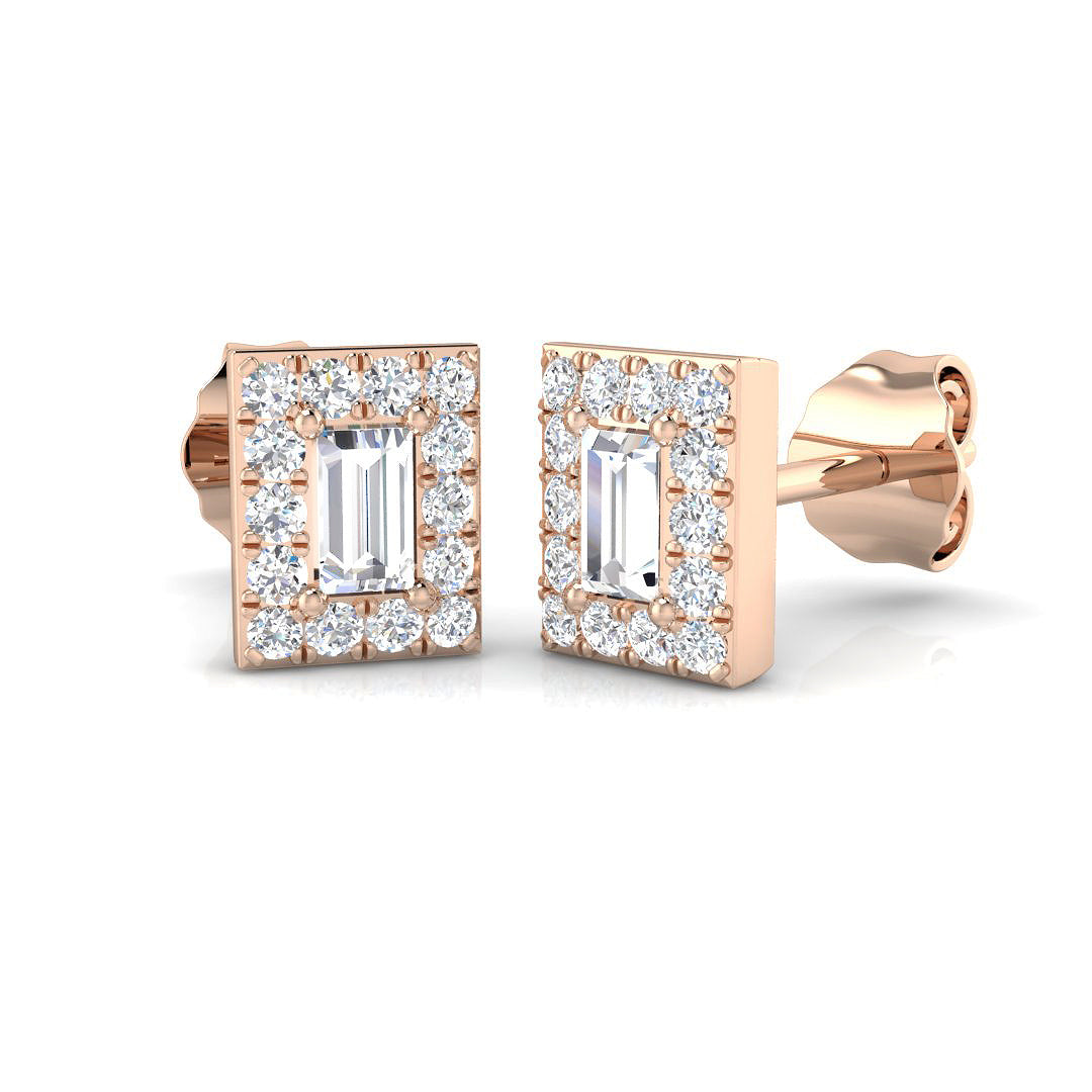 0.33 Ct Emerald Cut Diamond Halo Earrings in Yellow Gold