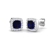 Cushion Cut Blue Sapphire Halo Stud Earrings White Gold