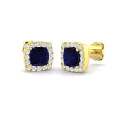 Cushion Cut Blue Sapphire Halo Stud Earrings Yellow Gold
