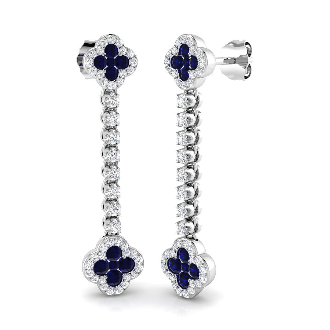1.46ct Blue Sapphire & Natural Diamond Round Cut Drop Earrings in 18K White Gold