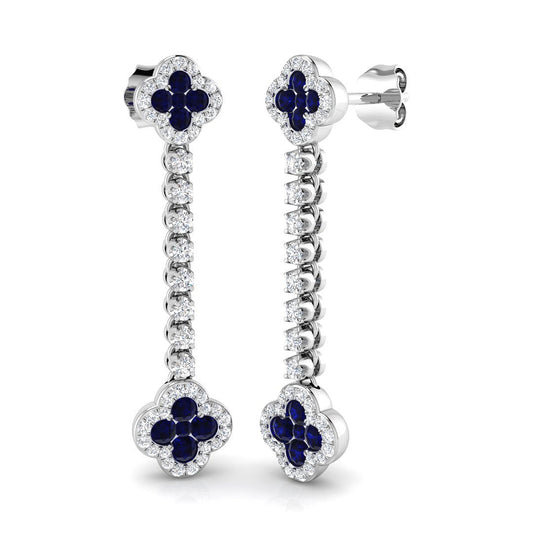 1.46ct Blue Sapphire & Natural Diamond Round Cut Drop Earrings in 18K White Gold