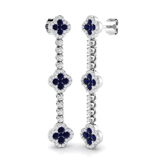 1.58ct Blue Sapphire & Natural Diamond Round Cut Drop Earrings in 18K White Gold