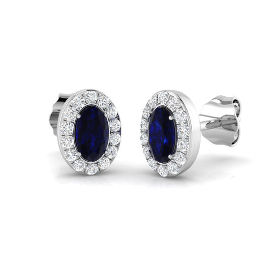 0.82ct Blue Sapphire & Natural Diamond Oval Cut Drop Earrings in 18K White Gold