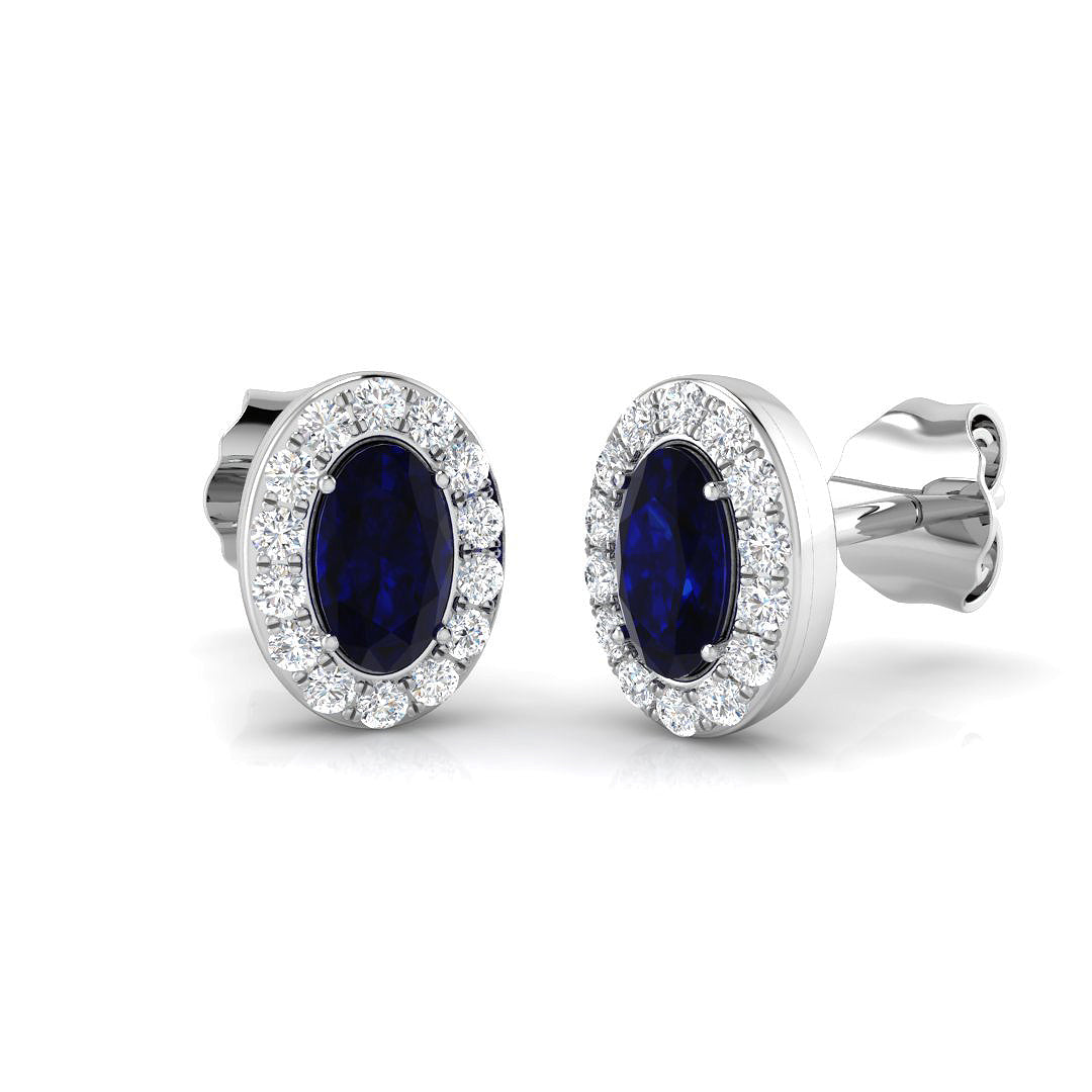 0.82ct Blue Sapphire & Natural Diamond Oval Cut Drop Earrings in 18K White Gold