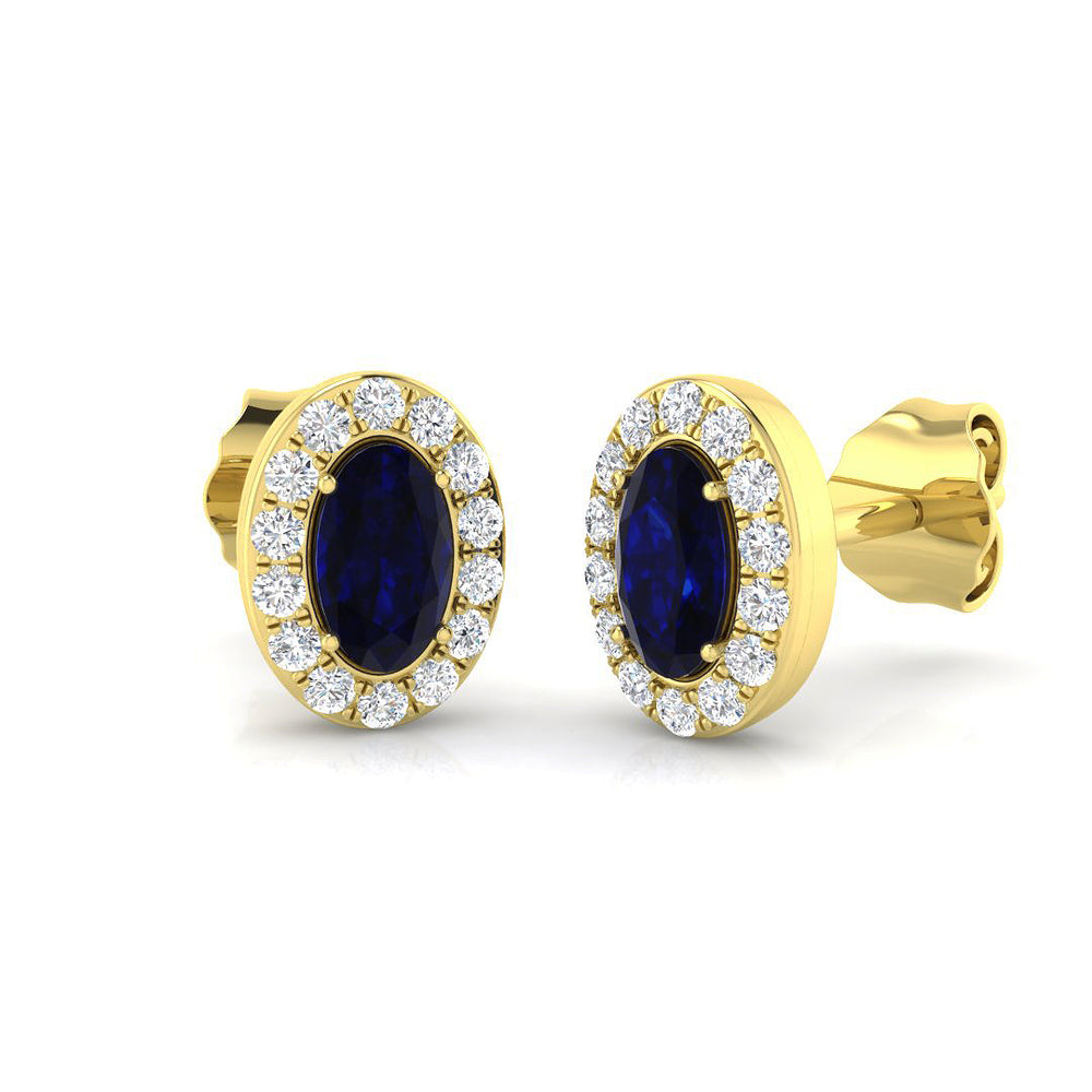 0.82ct Blue Sapphire & Natural Diamond Oval Cut Drop Earrings in 18K Yellow Gold