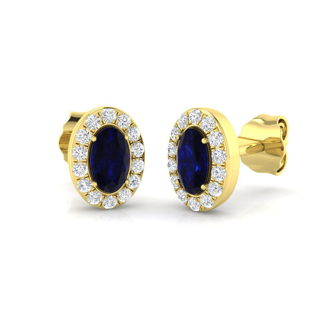 0.82ct Blue Sapphire & Natural Diamond Oval Cut Drop Earrings in 18K Yellow Gold