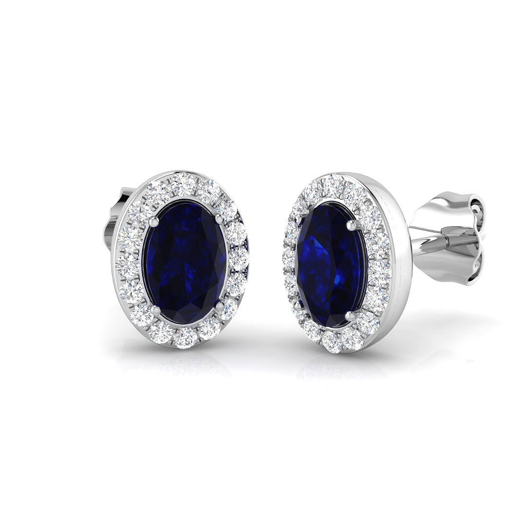 1.53ct Blue Sapphire & Natural Diamond Oval Cut Drop Earrings in 18K White Gold