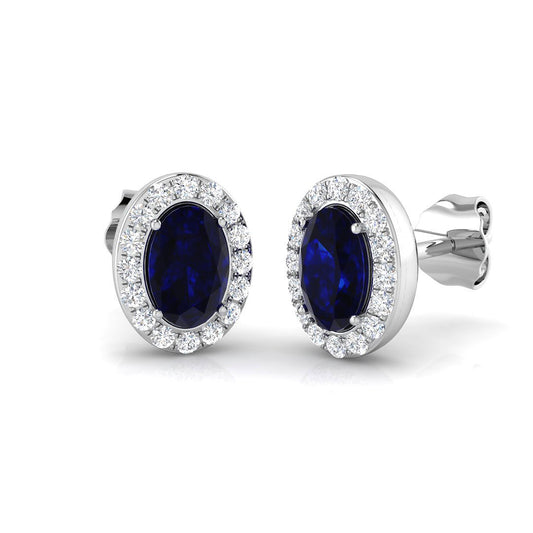 1.53ct Blue Sapphire & Natural Diamond Oval Cut Drop Earrings in 18K White Gold