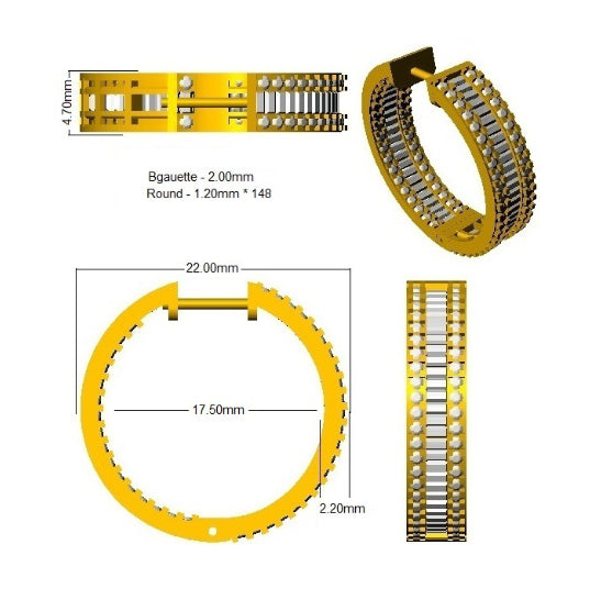 Boucles d'oreilles créoles en diamants baguette et ronds | Diamants naturels et de synthèse | 2,50-3,50 carats