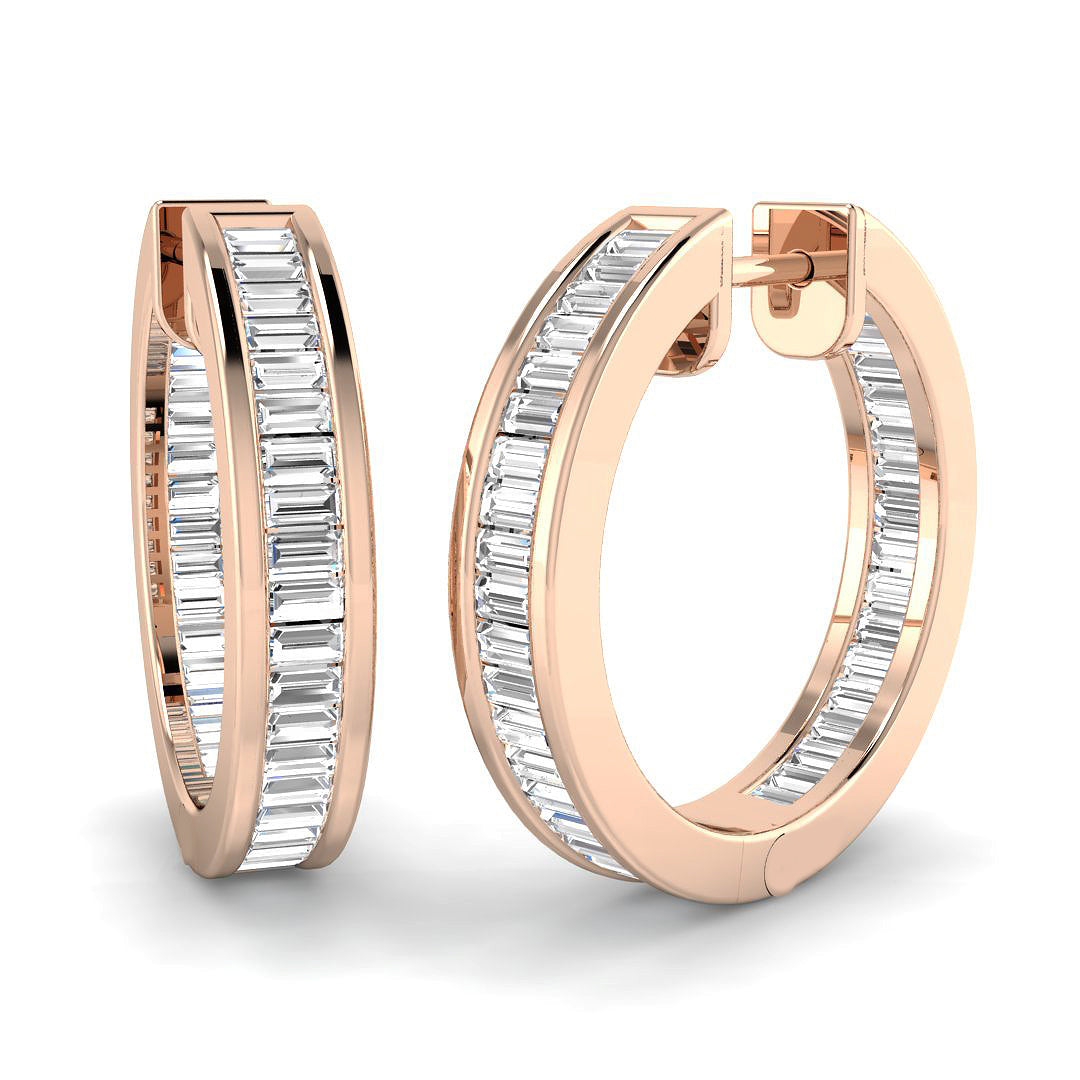 Hoop Earrings with Baguette Diamonds 1ct Gold Channel Setting