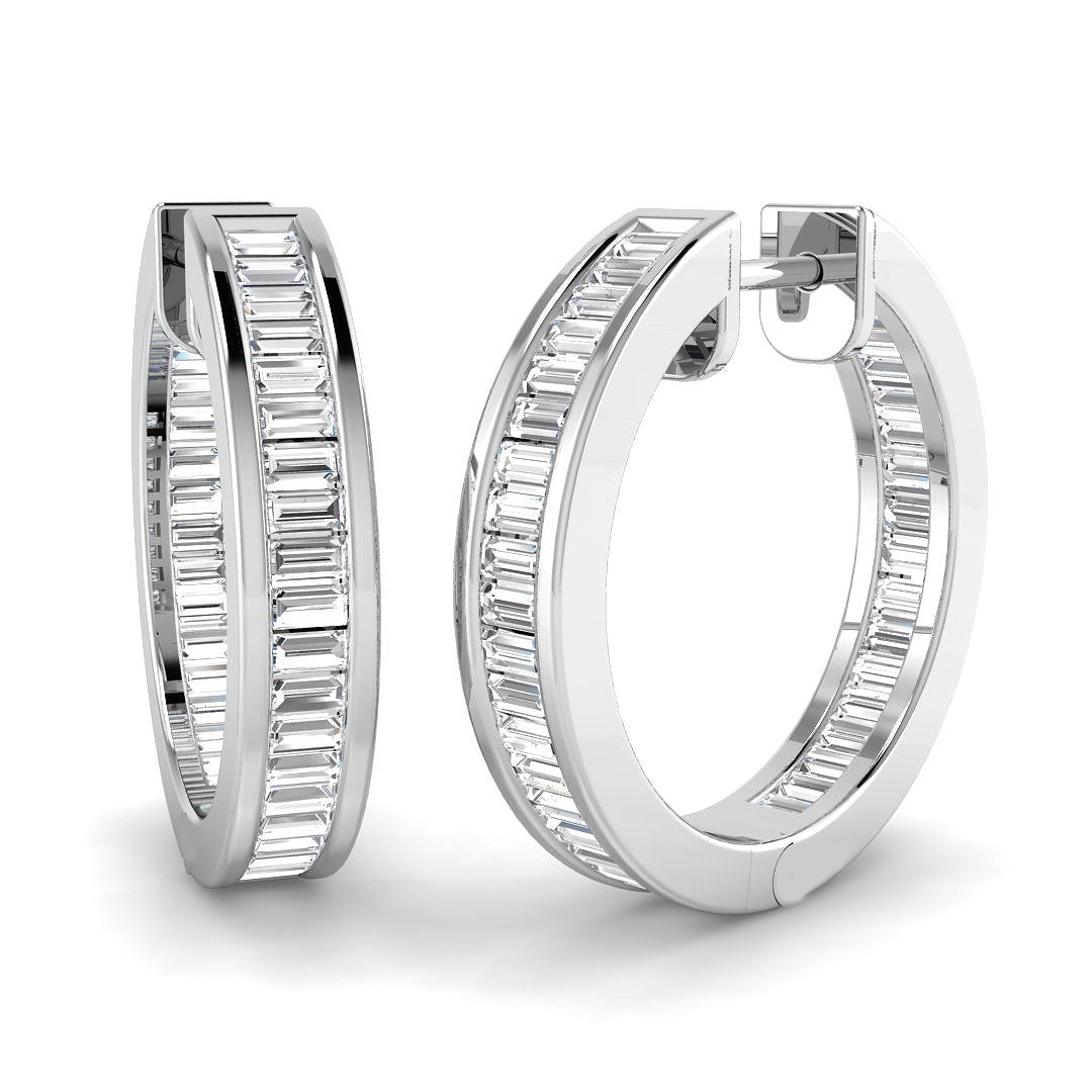 Hoop Earrings with Baguette Diamonds 1ct Gold Channel Setting