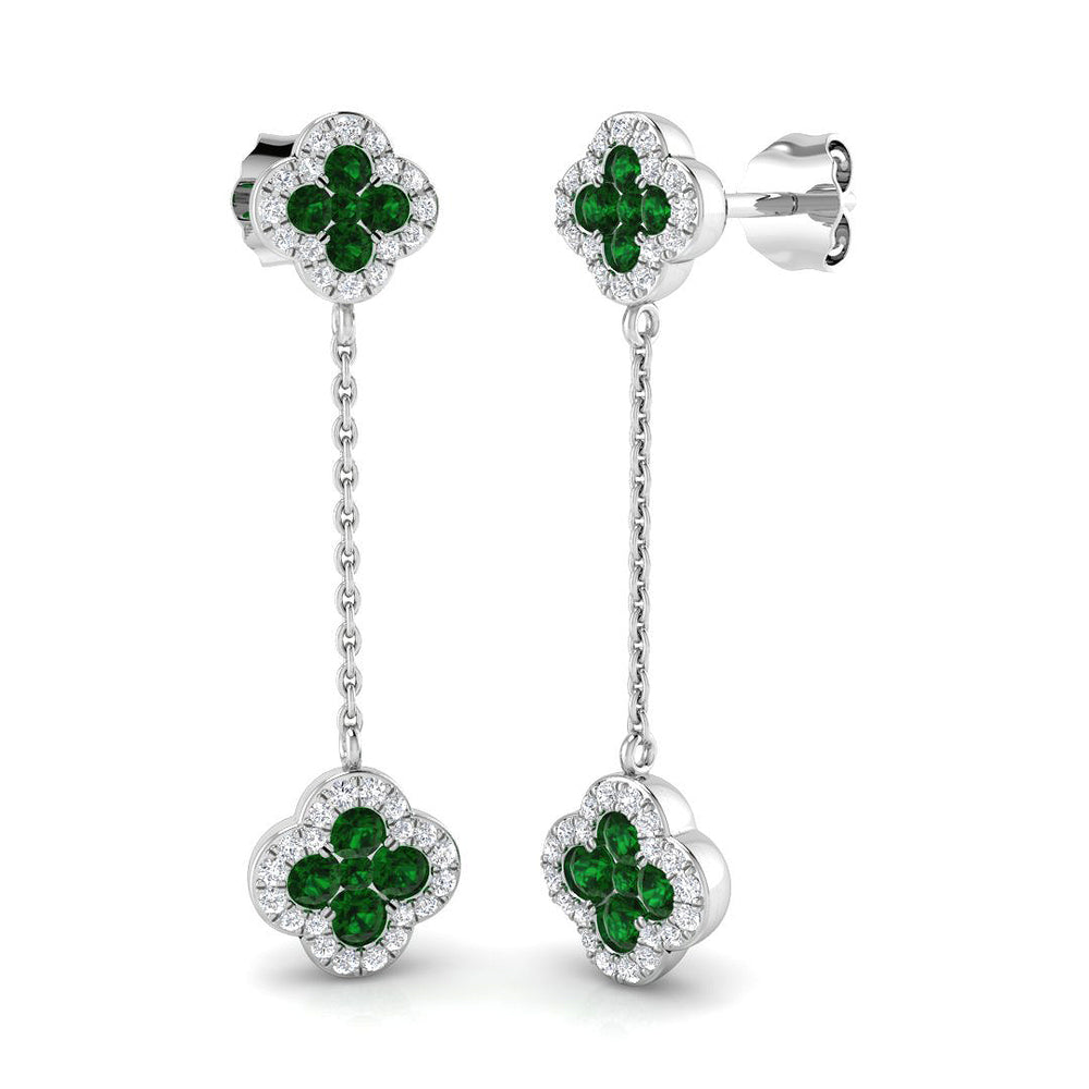 Emerald diamond drop link earrings with pavé halo diamonds in white gold