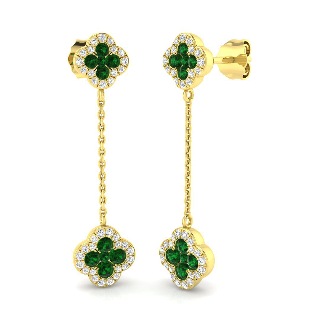 Emerald diamond drop link earrings with floral emerald cluster design in yellow gold