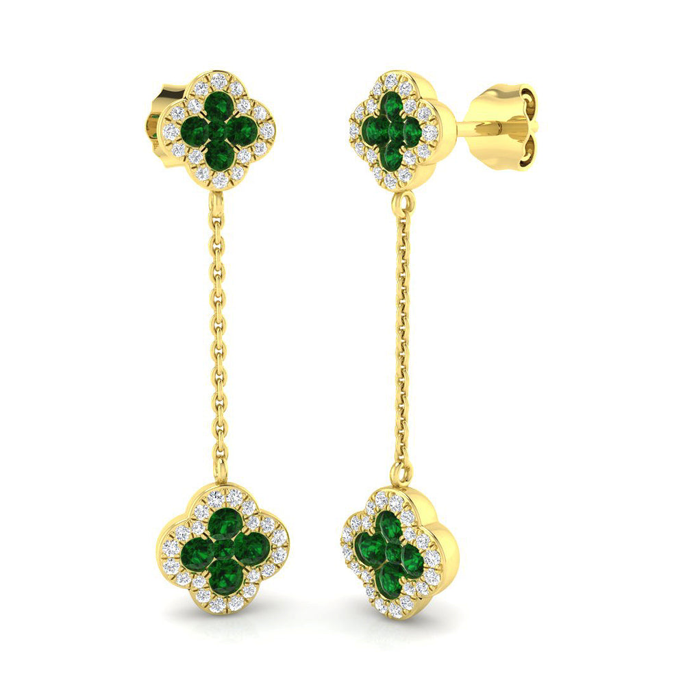 Emerald diamond drop link earrings with floral emerald cluster design in yellow gold
