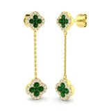 Emerald diamond drop link earrings with floral emerald cluster design in yellow gold