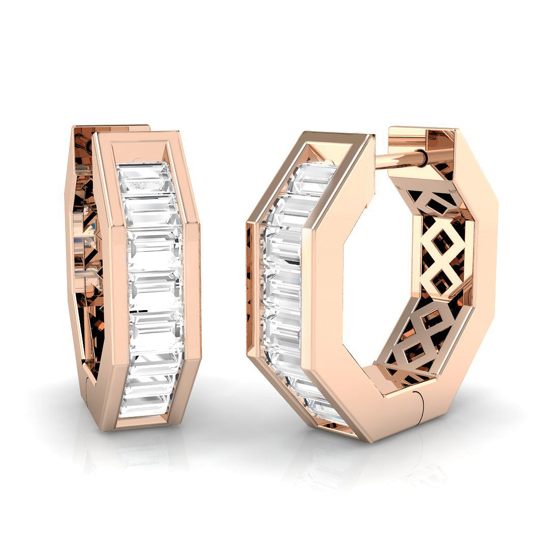 Modern 1.0Ct Baguette Diamond Hexagon Hoop Earrings in White Gold
