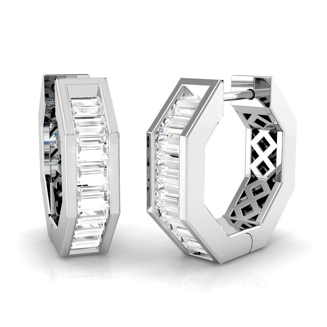 Modern 1.0Ct Baguette Diamond Hexagon Hoop Earrings in White Gold
