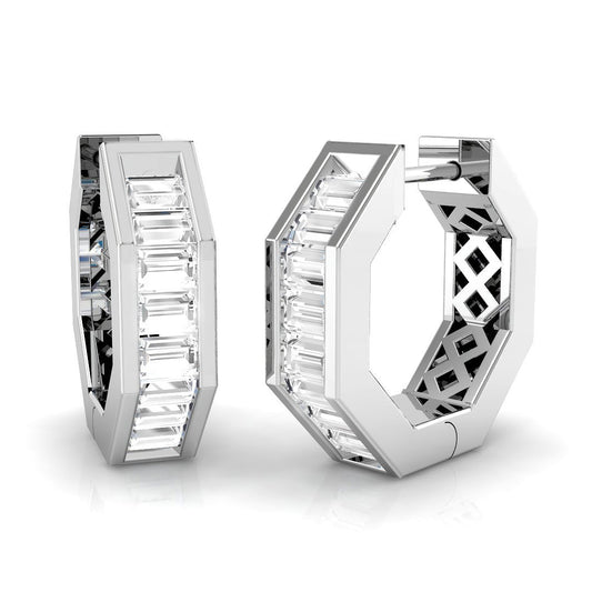 Modern 1.0Ct Baguette Diamond Hexagon Hoop Earrings in White Gold