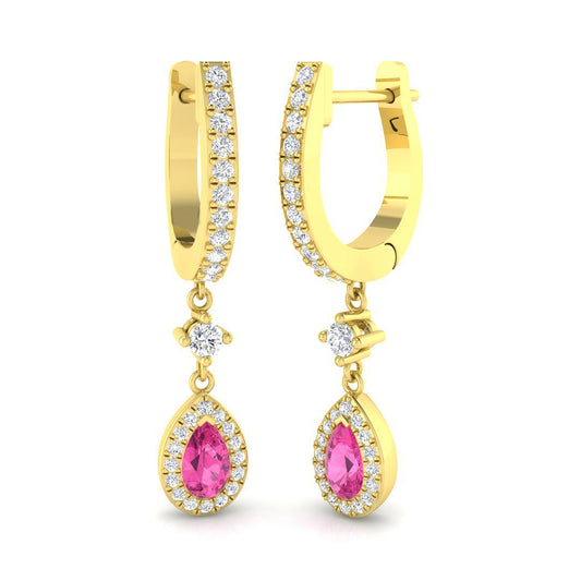 Diamond Halo Pink Sapphire Drop Earrings