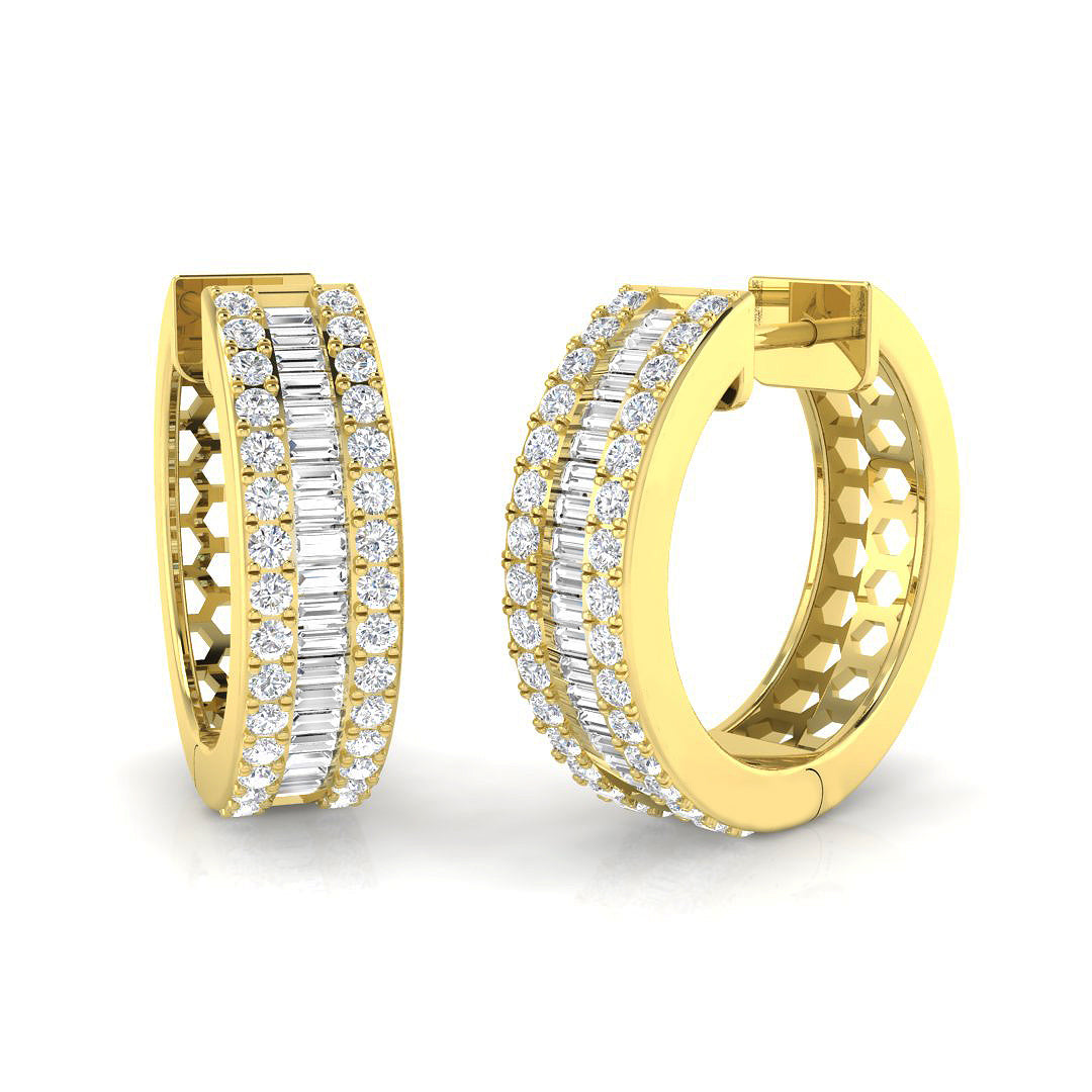 Hoop Earrings with Baguette and Brilliant Diamonds 1ct Solid Gold Design