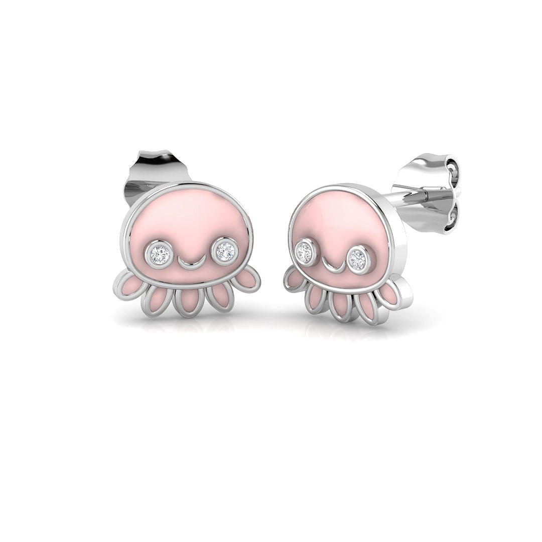 Adorable 0.15Ct Diamond Pink Jellyfish Stud Earrings in White Gold