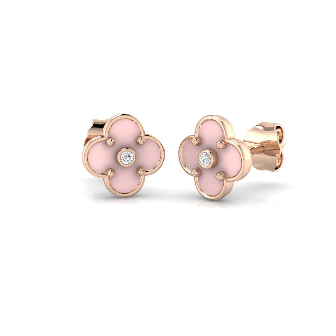 Elegant 1.0Ct Pink Enamel Clover Diamond Stud Earrings in White Gold