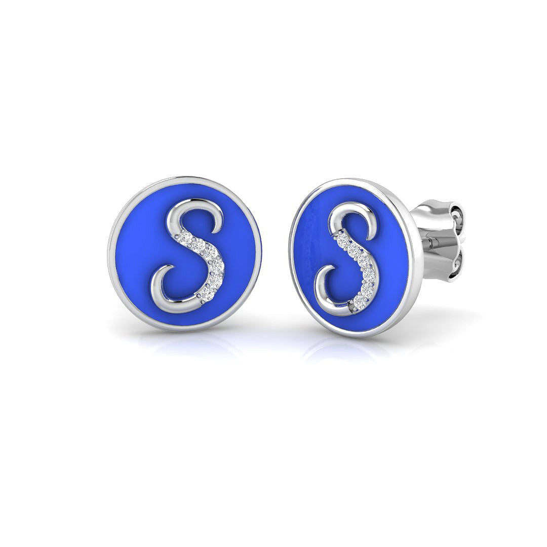 Sparkling 0.25Ct Diamond Initial S Blue Enamel Stud Earrings
