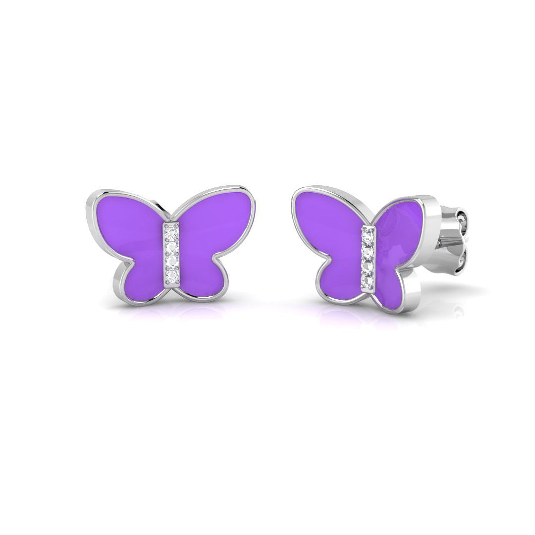 Charming 0.15Ct Diamond Purple Enamel Butterfly Stud Earrings