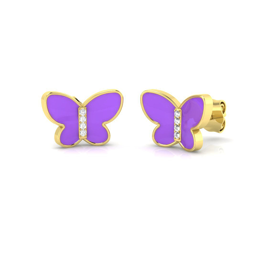 Charming 0.15Ct Diamond Purple Enamel Butterfly Stud Earrings