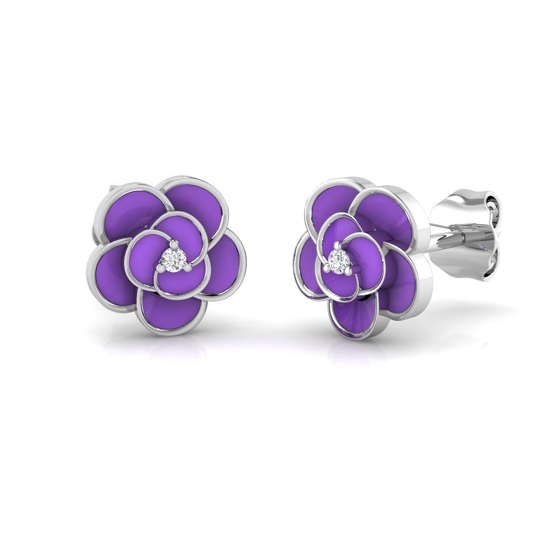 Beautiful 0.10Ct Purple Enamel Flower Diamond Stud Earrings