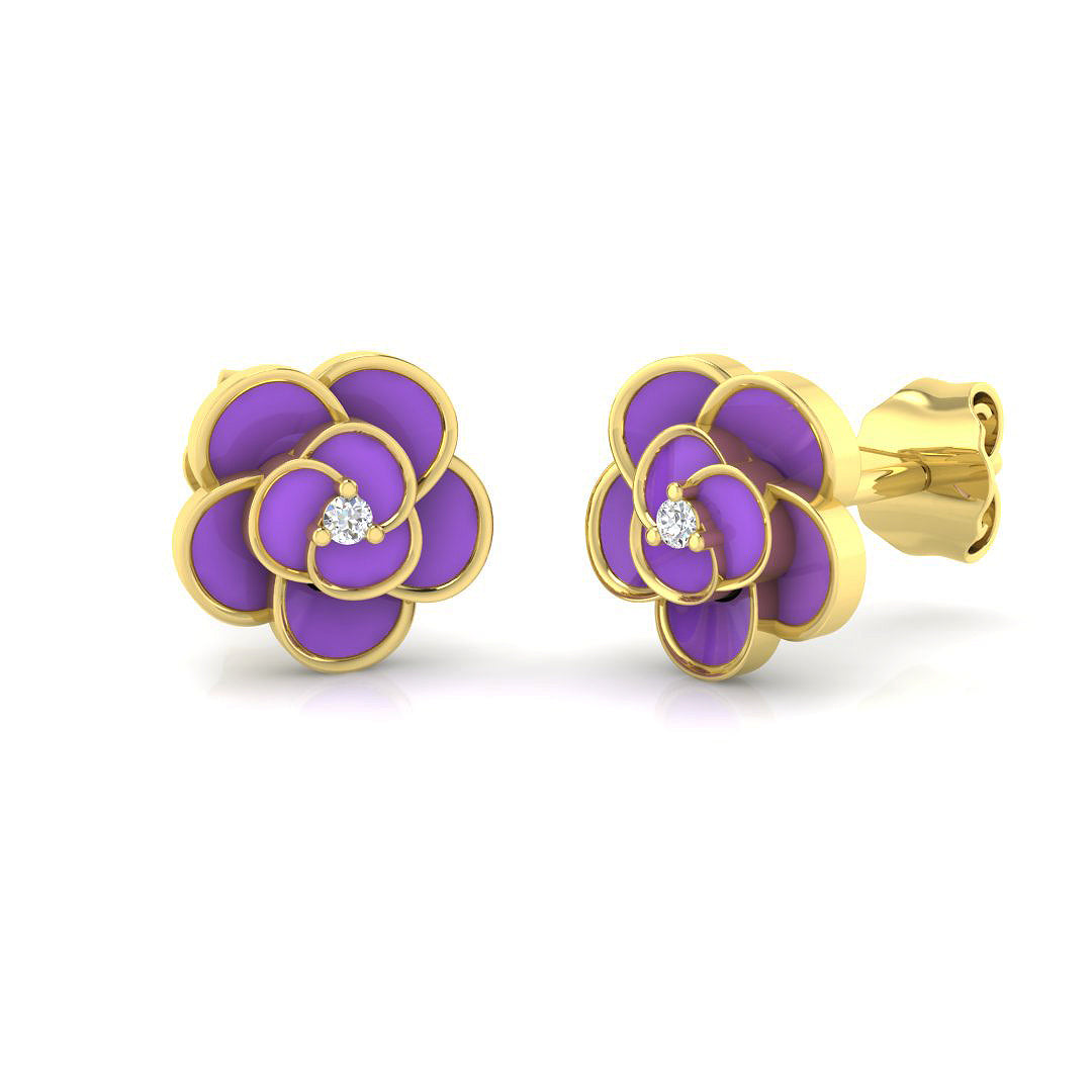 Beautiful 0.10Ct Purple Enamel Flower Diamond Stud Earrings
