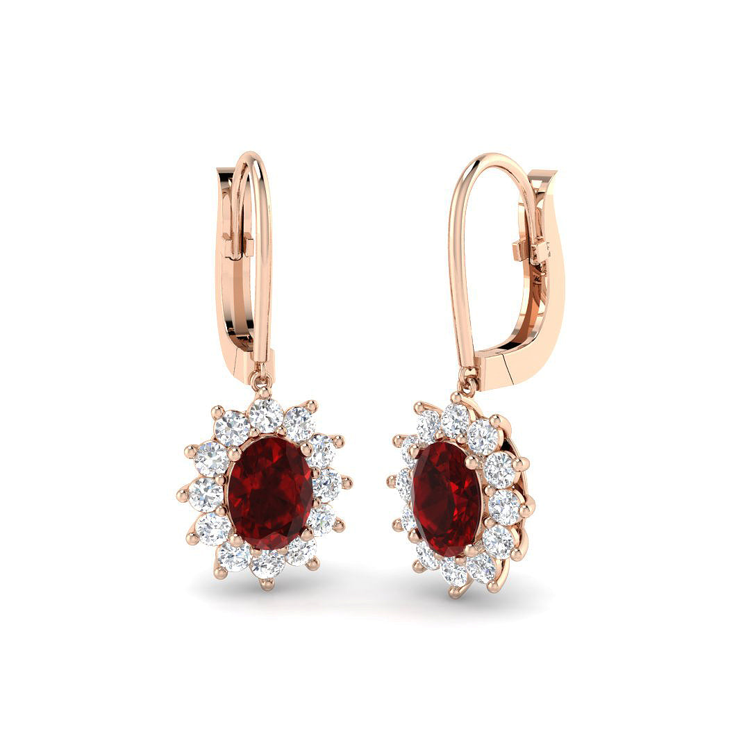 Ruby Halo Cluster Drop Earrings with Diamond Halo