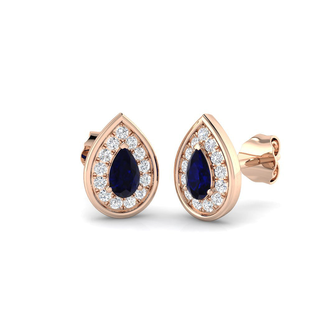Pear Cut Blue Sapphire Diamond Stud Earrings Rose Gold
