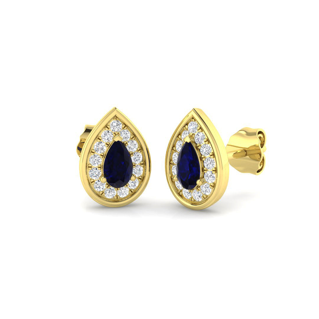 Pear Cut Blue Sapphire Diamond Stud Earrings Yellow Gold