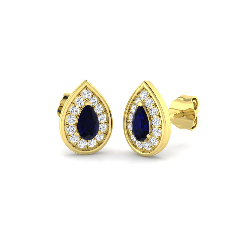 Pear Cut Blue Sapphire Diamond Stud Earrings Yellow Gold