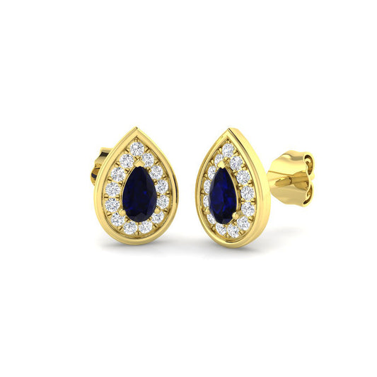 Pear Cut Blue Sapphire Diamond Stud Earrings Yellow Gold