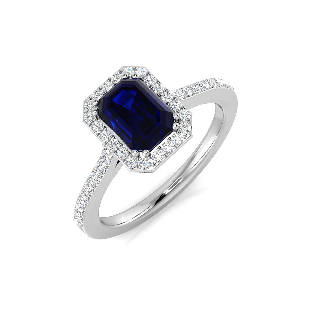 Emerald Cut Blue Sapphire Halo Ring with Round Pave Diamonds | Gold & Platinum