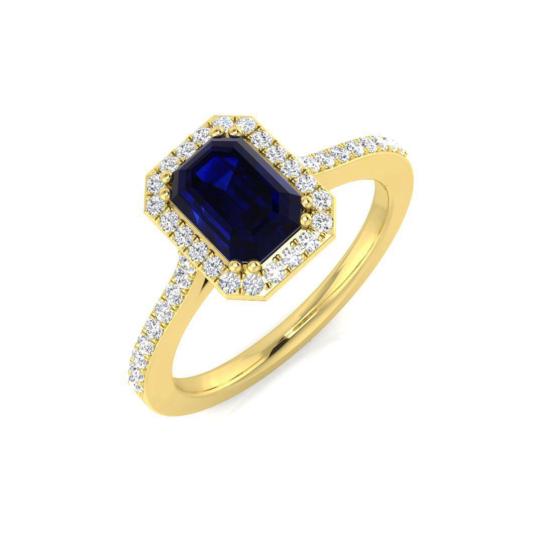 Emerald Cut Blue Sapphire Halo Ring with Round Pave Diamonds | Gold & Platinum