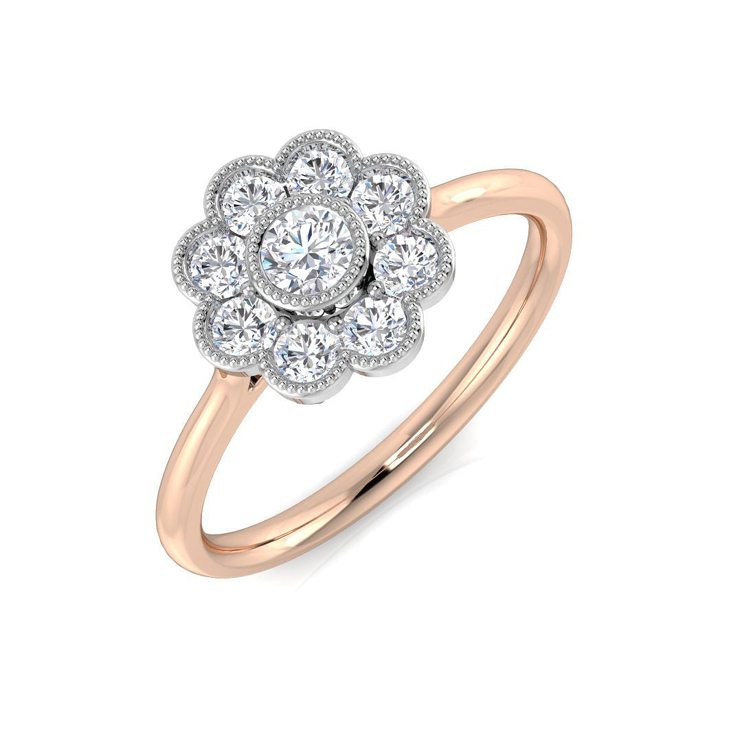 Round Diamond Floral Halo Ring 0.50ct | Vintage Flower Design | UK Hallmarked