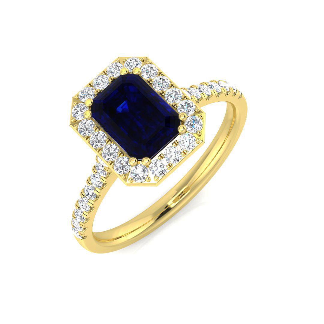 Emerald Cut Blue Sapphire Halo Ring with Round Natural Pave Band | Engagement Ring